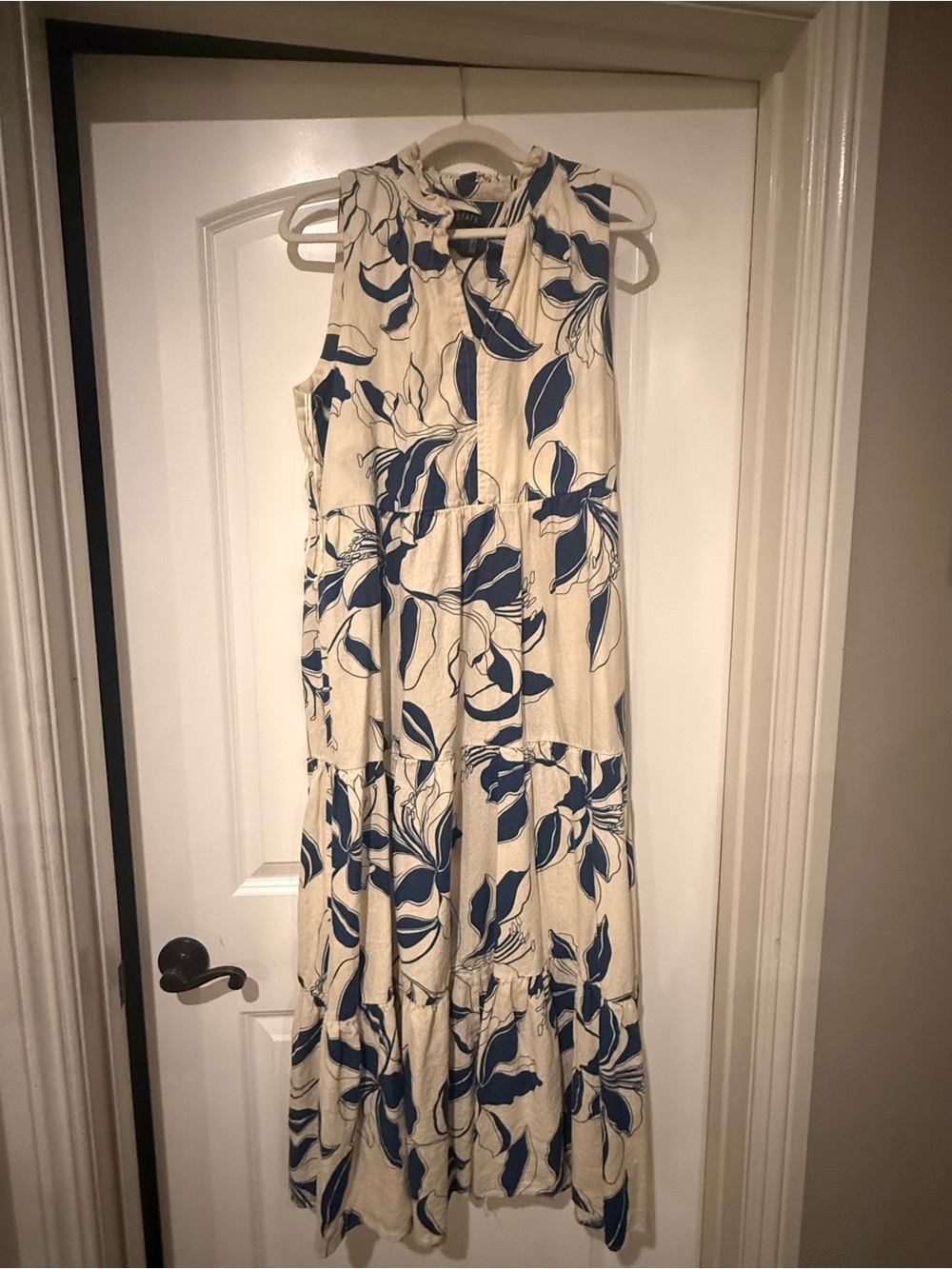 1.STATE Blue Cream Floral Tiered Maxi Dress Size L Boho Resort